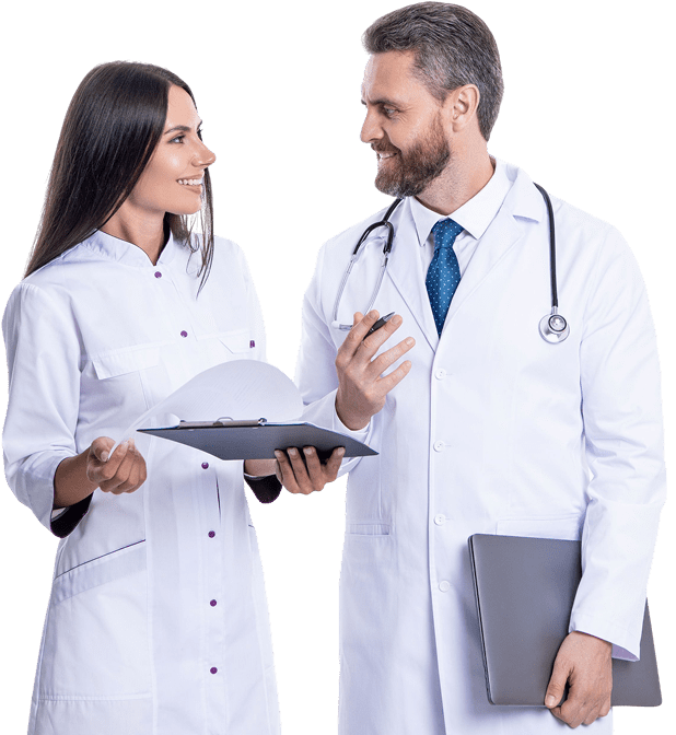 Two doctors discussing patient information.